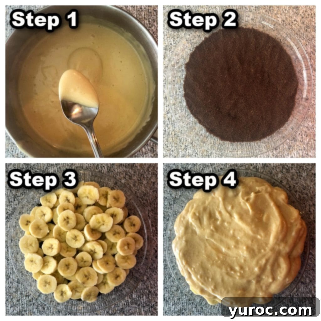 Lightened Up Old Fashioned Banana Cream Pie 3 A four-photo collage illustrating the step-by-step process of making the healthy old-fashioned banana cream pie, from preparing the pudding to layering the bananas and chilling.