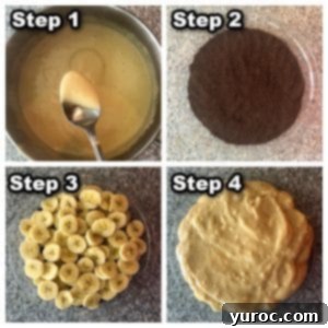 4 photo collage showing how to make healthy old-fashioned banana cream pie