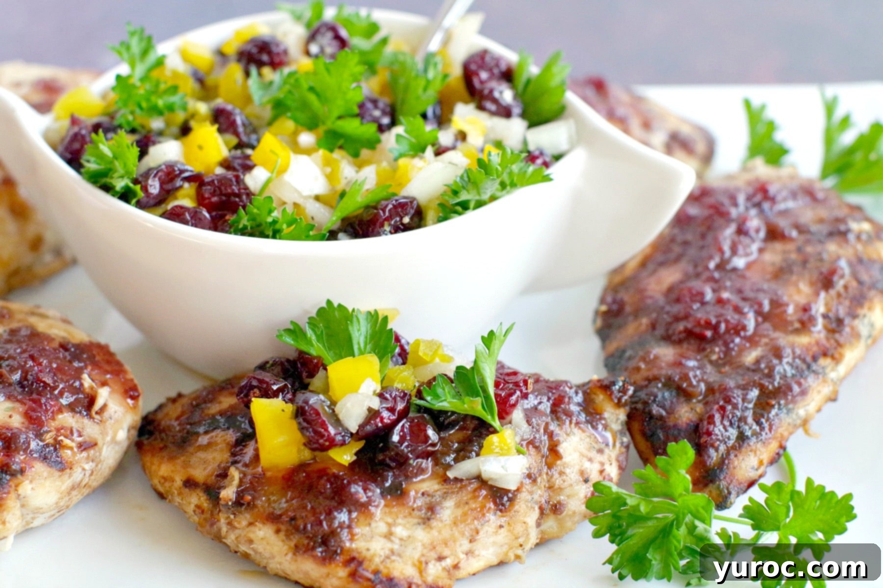 grilled chicken on white tray will salsa in white dish in background