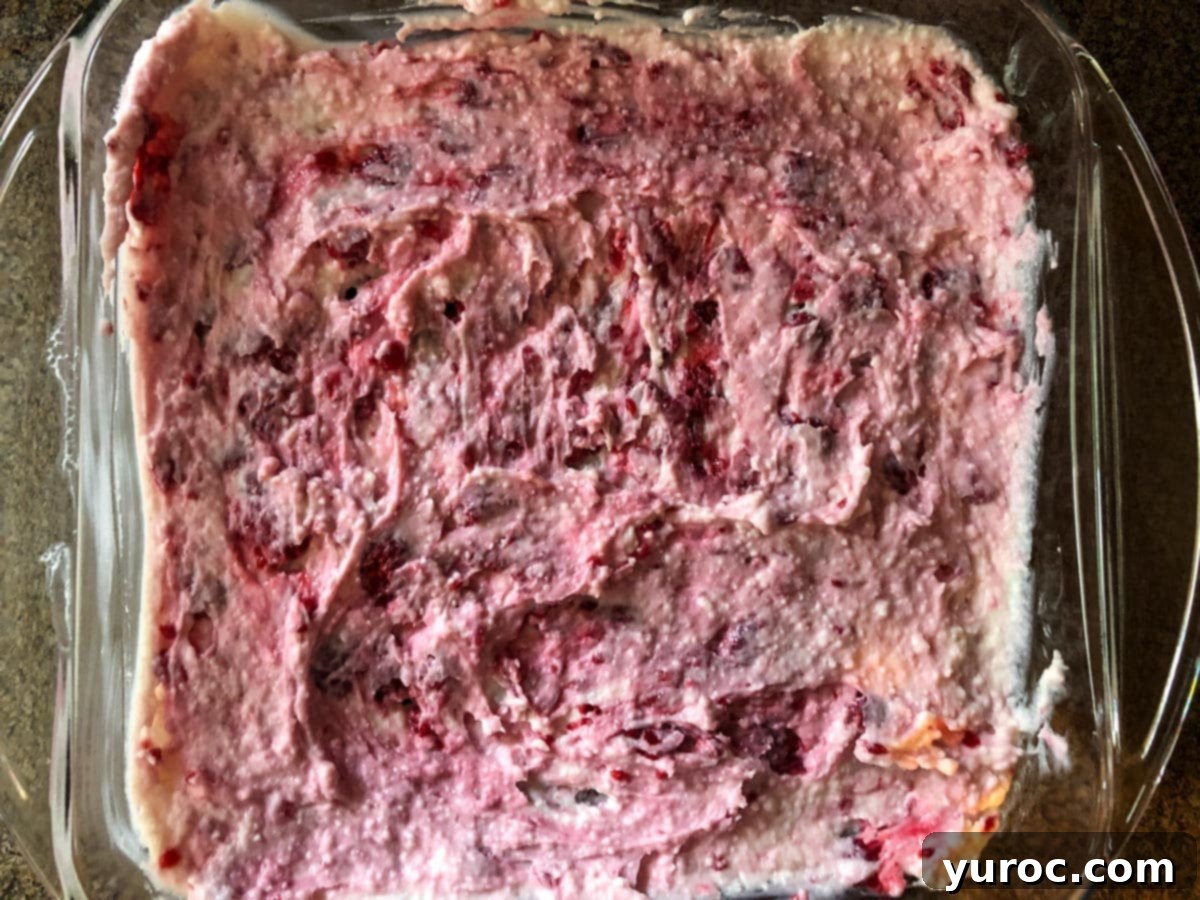 raspberry mixture spread evenly over graham crackers.