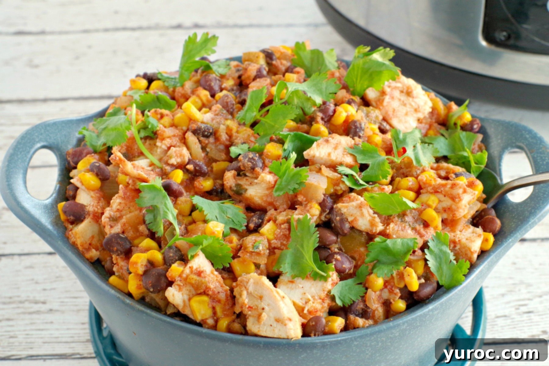 Flavorful and Fit Slow Cooker Mexican Chicken 2 slow cooker mexican chicken in a blue dish with slow cooker in background
