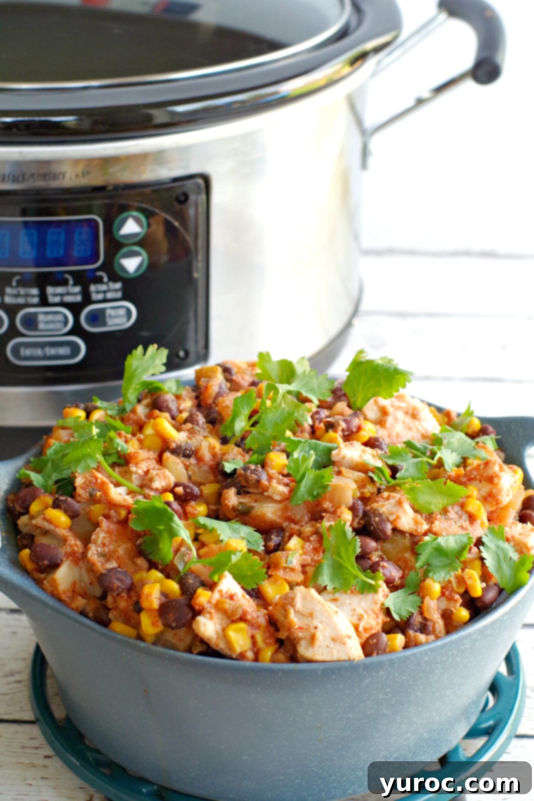 Flavorful and Fit Slow Cooker Mexican Chicken 10 slow cooker mexican chicken in a blue dish with slow cooker in background