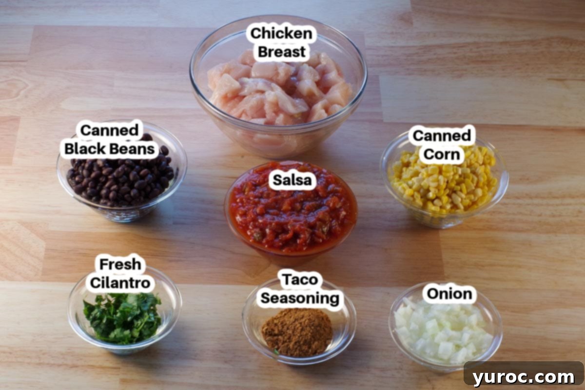 Flavorful and Fit Slow Cooker Mexican Chicken 3 ingredients in slow cooker Mexican Chicken in glass bowls, labelled