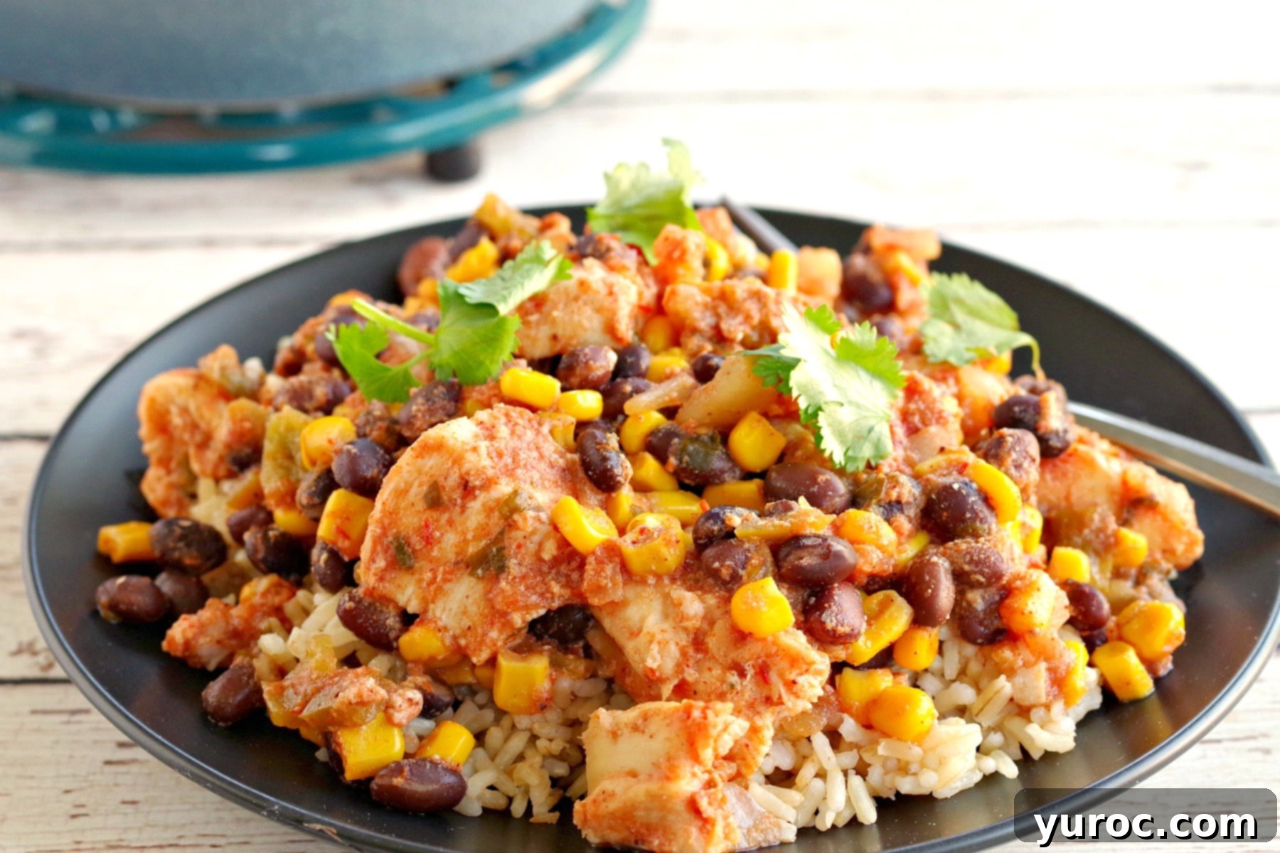 Flavorful and Fit Slow Cooker Mexican Chicken 9 slow cooker mexican chicken over rice on black plate