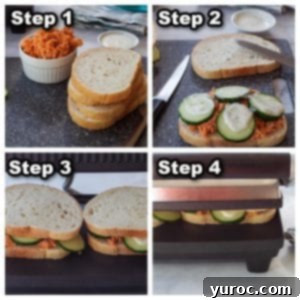 collage of 4 photos showing how to make a buffalo chicken sandwich