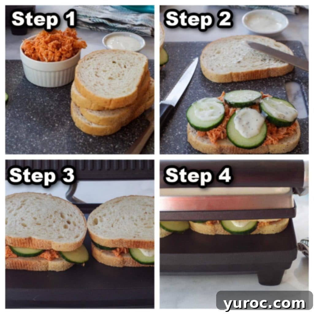 collage of 4 photos showing how to make a buffalo chicken sandwich