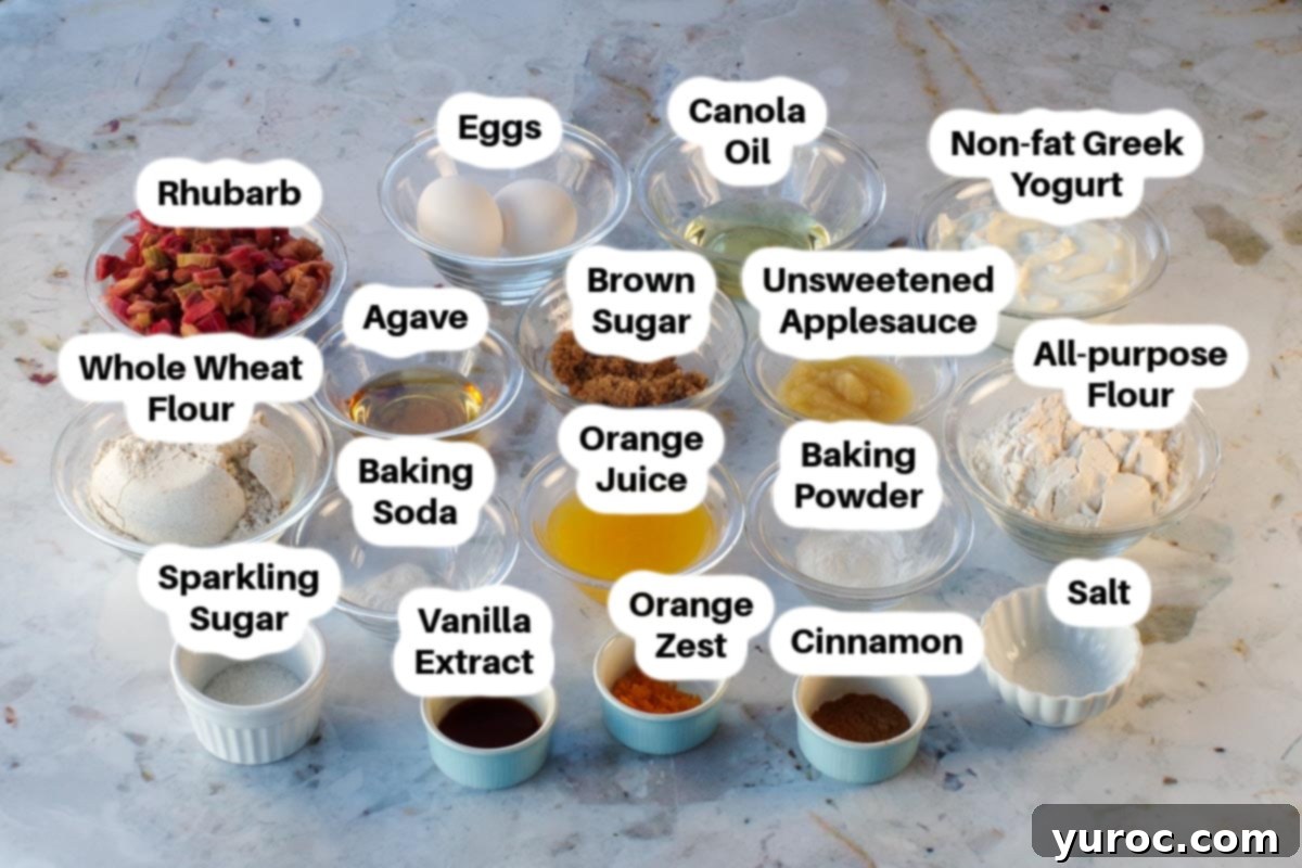 Ingredients in Healthy Rhubarb muffins in glass bowls, labelled.
