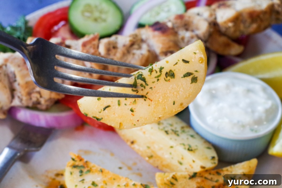 Greek style potato being held up on a fork