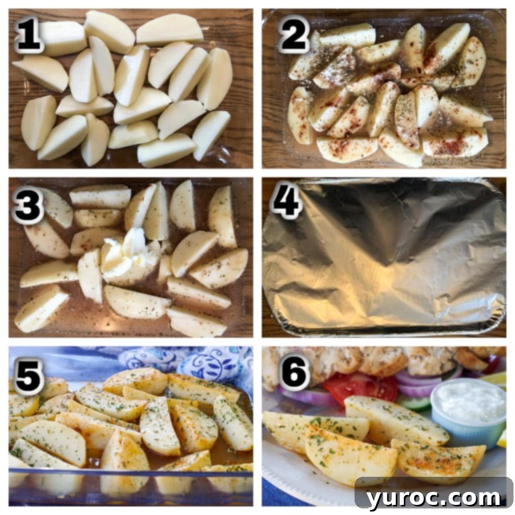 Collage of 6 photos showing how to make Greek Style Potatoes
