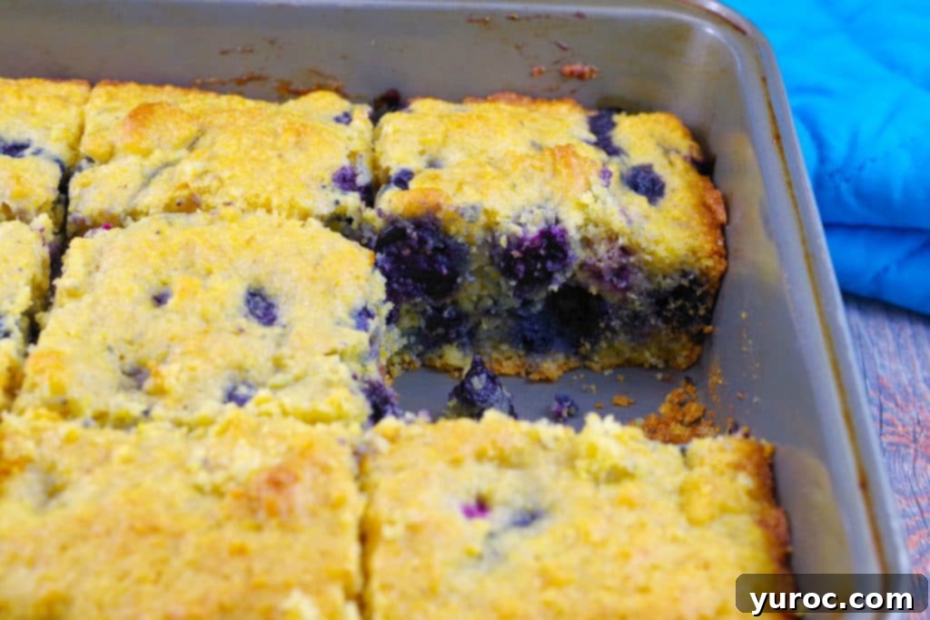 Blueberry Cornbread in a square pan, ready to be served, showcasing its golden crust and visible blueberries.