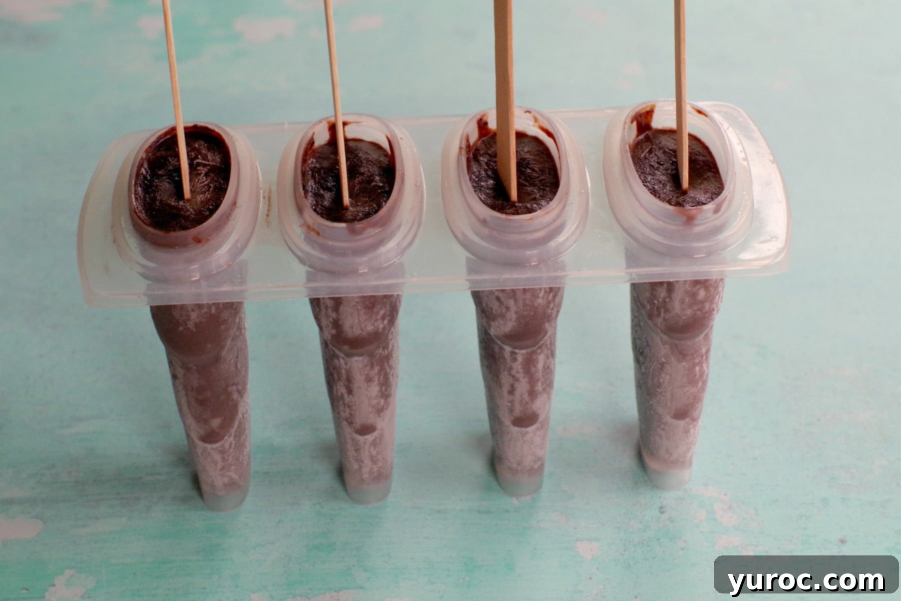 Decadent Yet Light Chocolate Banana Pops 4 Chocolate Banana Popsicles in mold