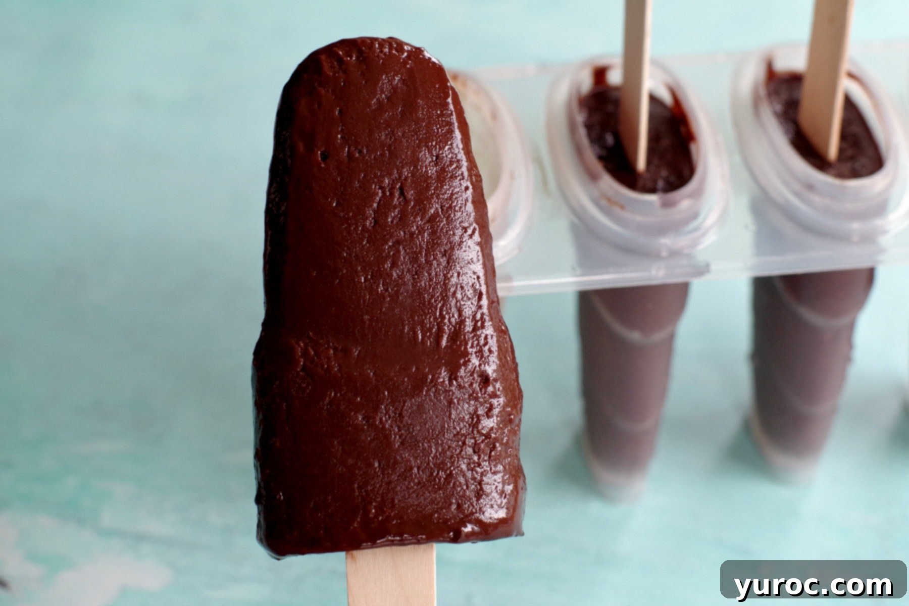 Decadent Yet Light Chocolate Banana Pops 5 Chocolate Banana Popsicle in front of popsicle mold