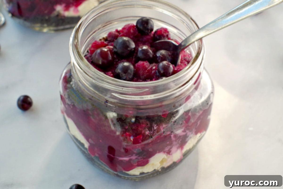No-Bake Saskatoon Berry Cheesecake Jars 13 top view of No Bake Saskatoon berry cheesecake in a jar