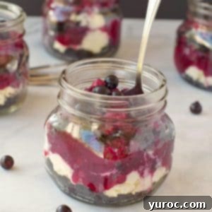 No-Bake Saskatoon Berry Cheesecake Jars 14 saskatoon berry cheesecake in a jar with a spoon and more jars in the background