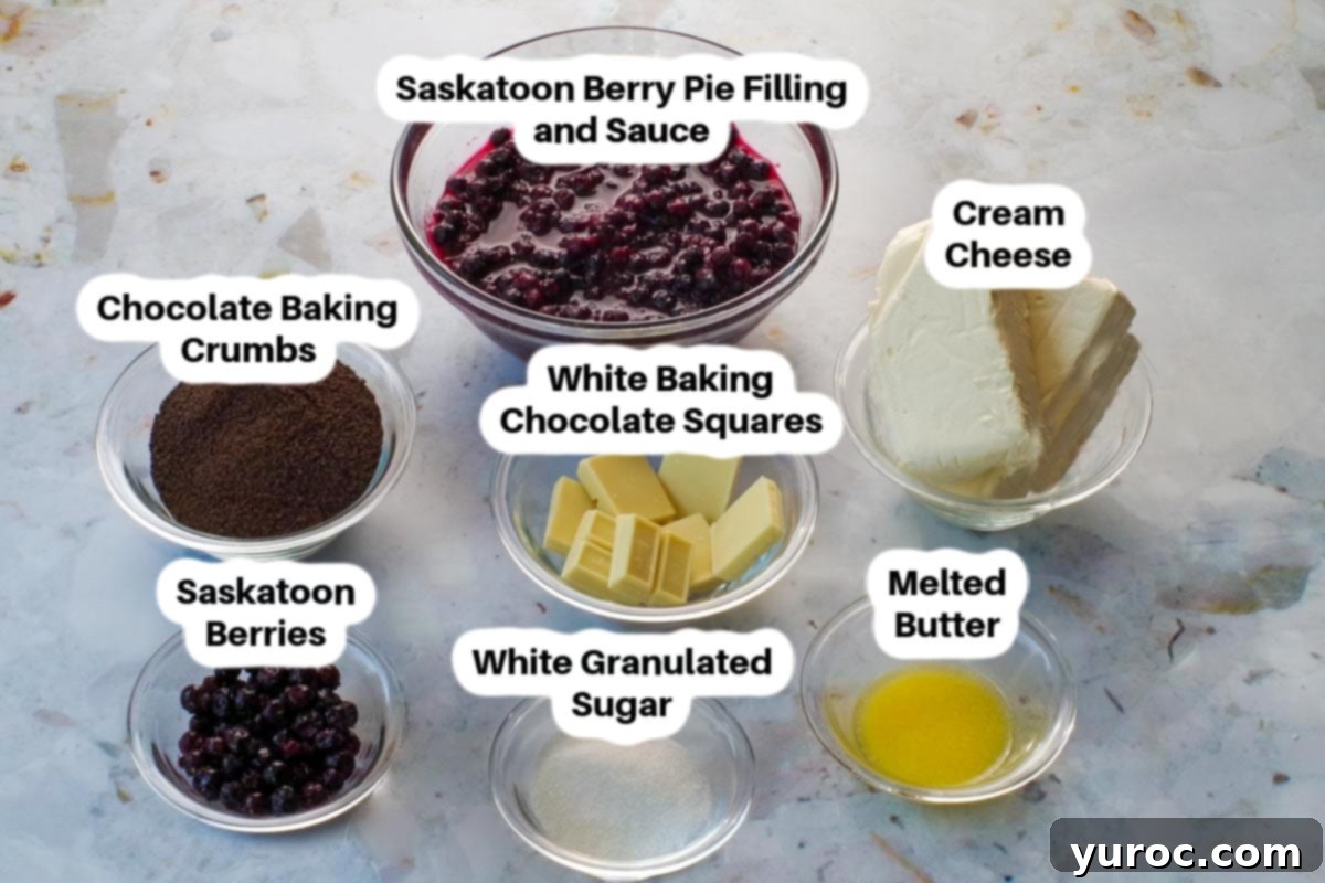 No-Bake Saskatoon Berry Cheesecake Jars 4 No Bake Saskatoon Cheesecake ingrdedients in glass bowls. labelled.