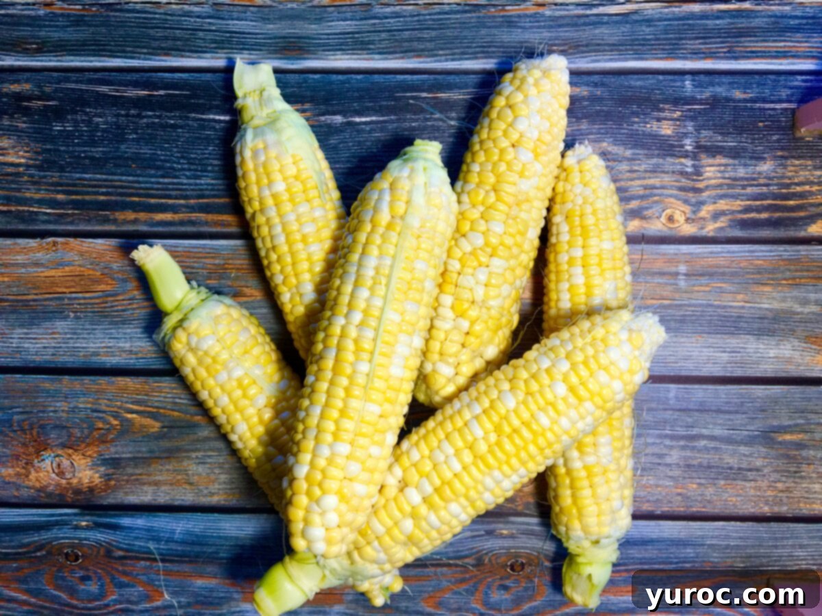 Wholesome Velvety Sweet Corn Chowder 3 Close-up of fresh, uncooked corn on the cob, showcasing its natural texture and vibrant yellow kernels.