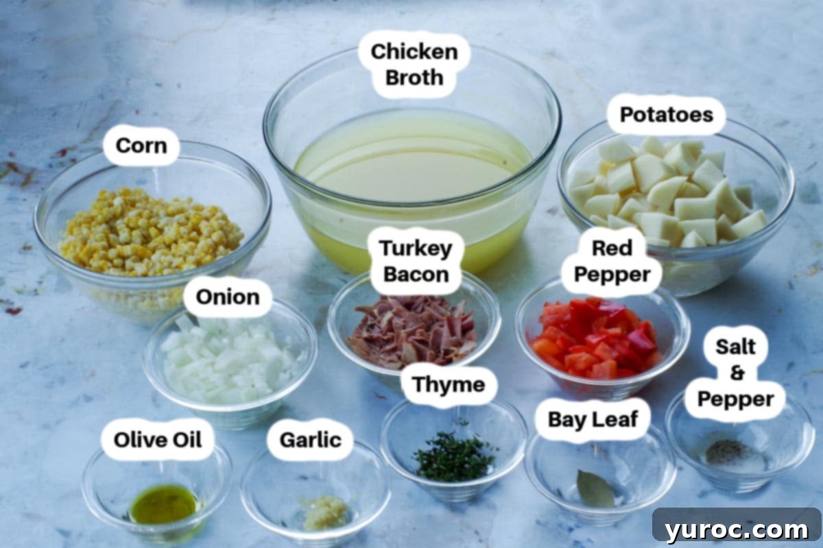 Wholesome Velvety Sweet Corn Chowder 4 A flat lay photograph showcasing all the fresh ingredients needed for a healthy corn chowder soup, neatly arranged in glass bowls and labeled.