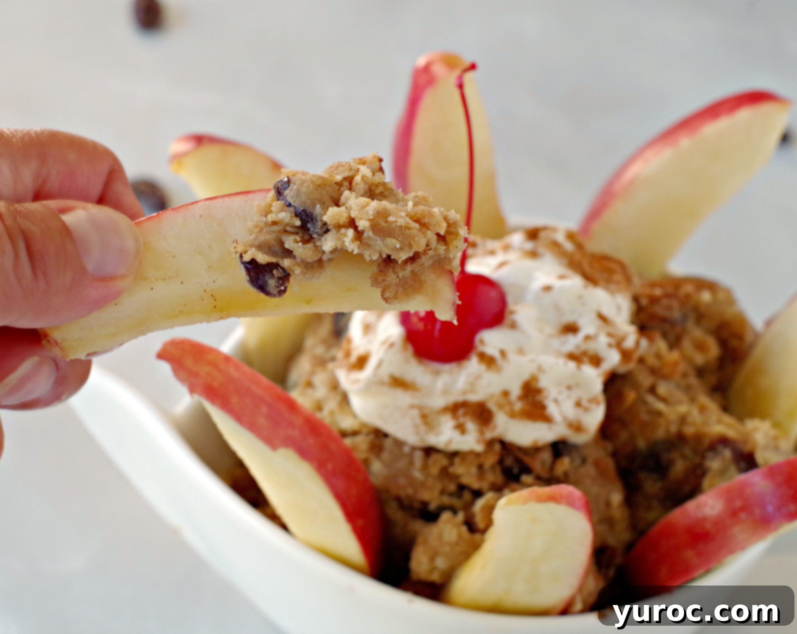 Oatmeal Raisin Dough Delight 7 An apple piece being dipped directly into a bowl of edible oatmeal raisin cookie dough dip.