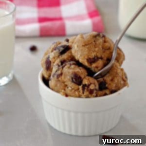 Oatmeal Raisin Dough Delight 10 oatmeal raisin edible cookie dough in white bowl with spoon and glass of milk in the background