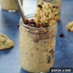 A jar of overnight oats with plump raisins, surrounded by fresh oatmeal cookies and additional jars of prepared oats in the soft background.