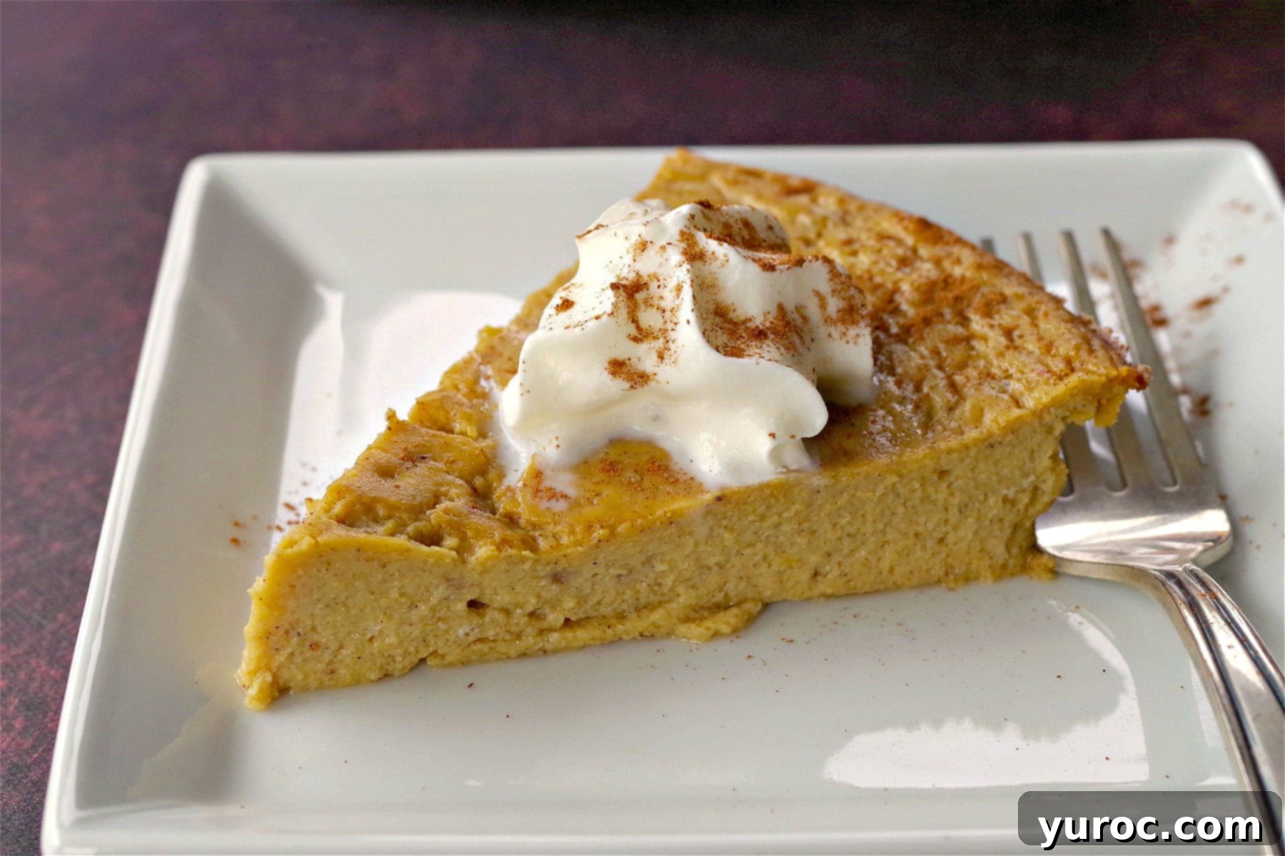 weight watchers crustless pumpkin pie slice on a white plate, highlighting its smooth texture