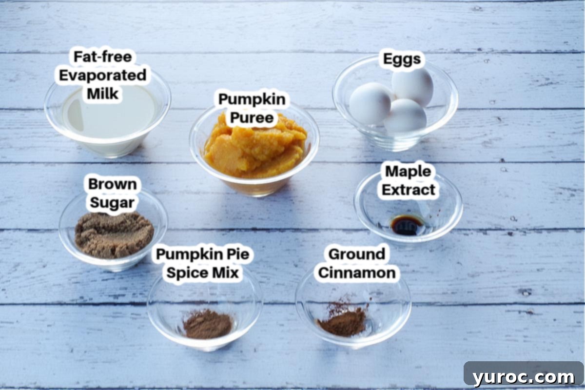 WW pumpkin pie recipe ingredients laid out in glass bowls, clearly labelled for preparation