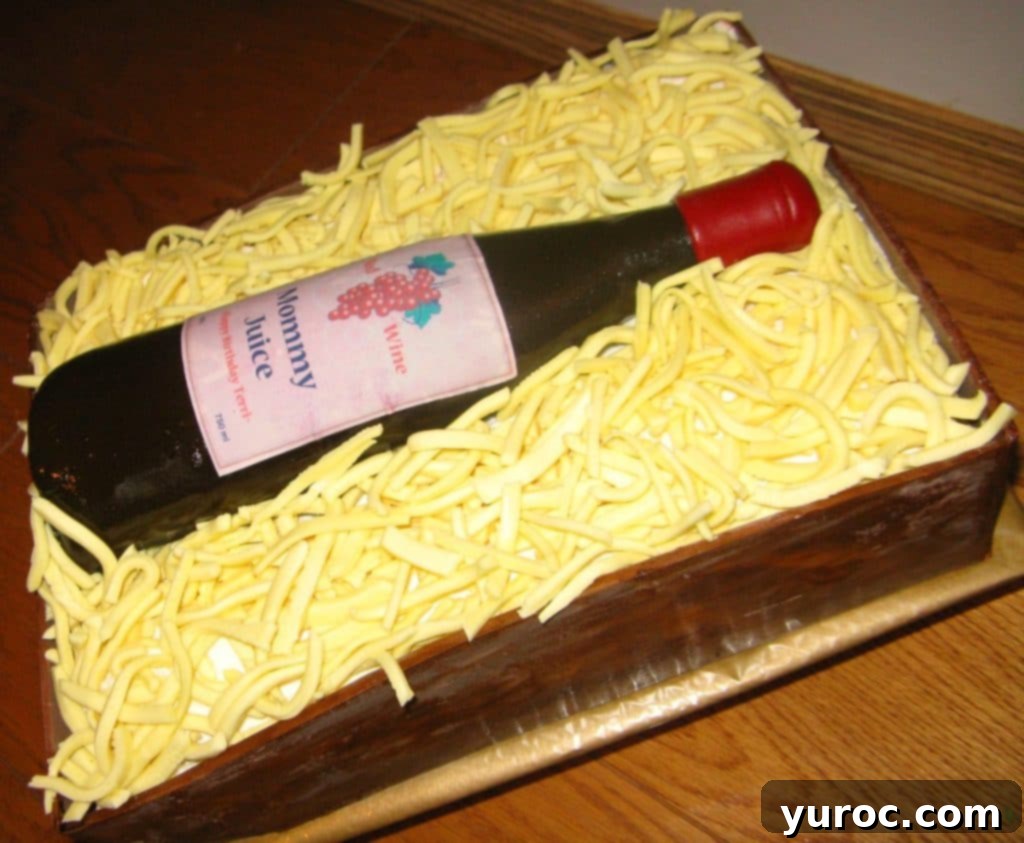 A highly detailed birthday cake shaped like a wine bottle, complete with an edible label, showcasing intricate fondant work.