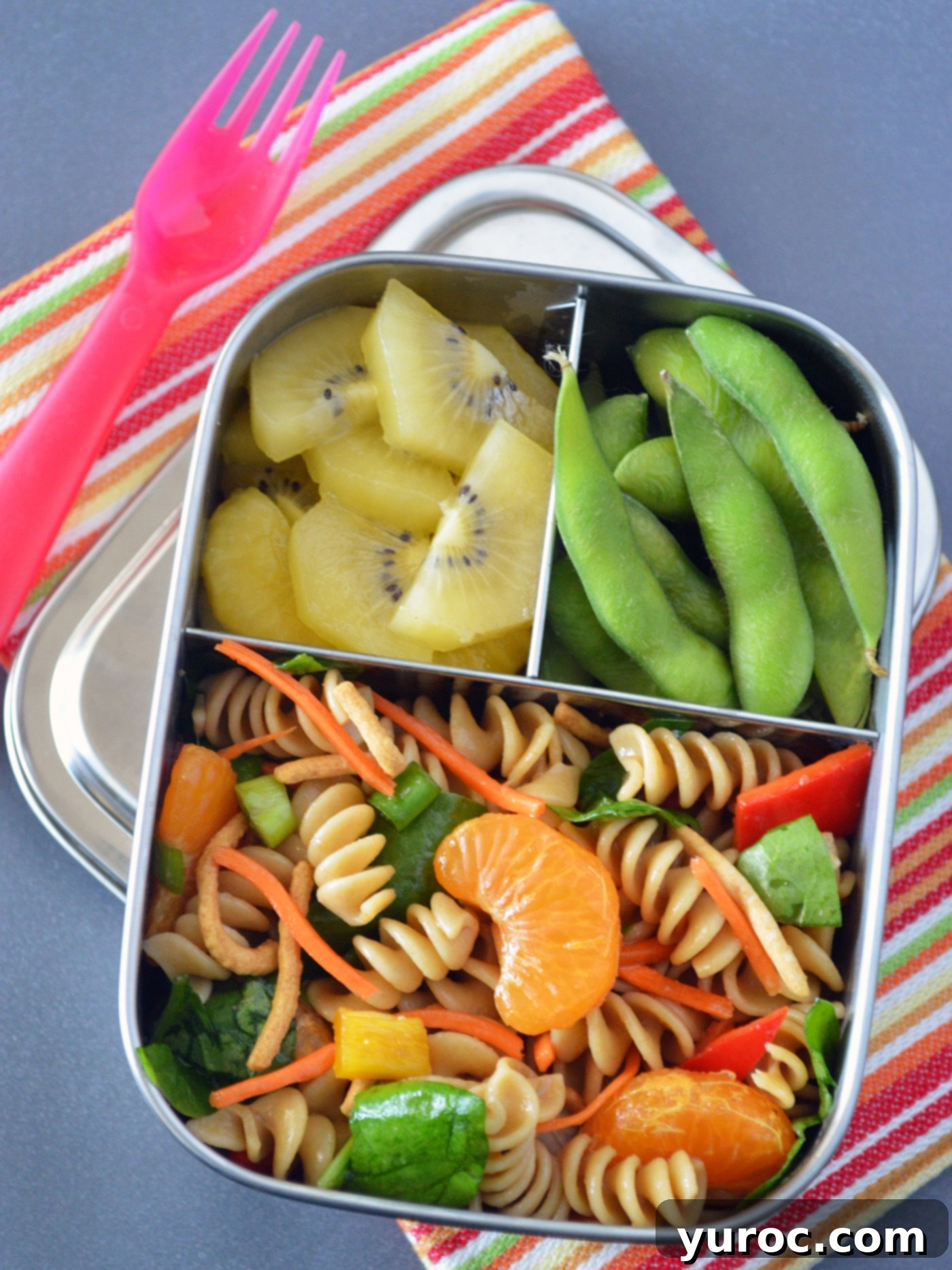 15 No-Prep Healthy School Lunches for Teens 16 Chinese Mandarin Pasta Salad in bento box with mini sweet peppers, mandarins, green onions, spinach and carrots, tossed with a sesame ginger dressing