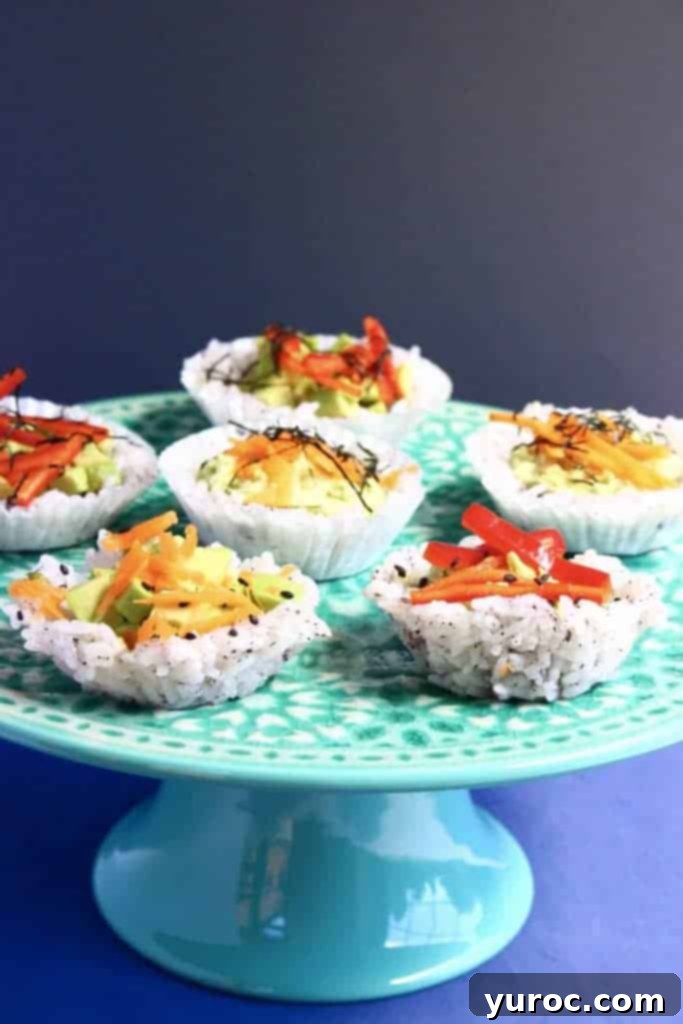 15 No-Prep Healthy School Lunches for Teens 7 Muffin tin sushi cups on blue platter, perfect for a healthy and fun teen lunch