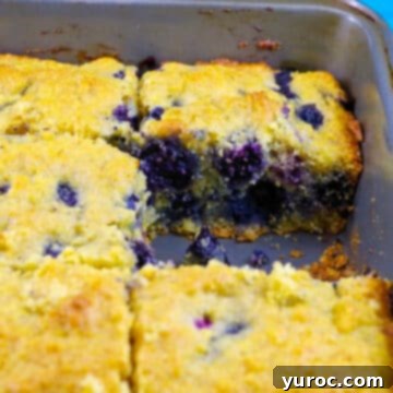 Blueberry Cornbread in a pan with a piece missing