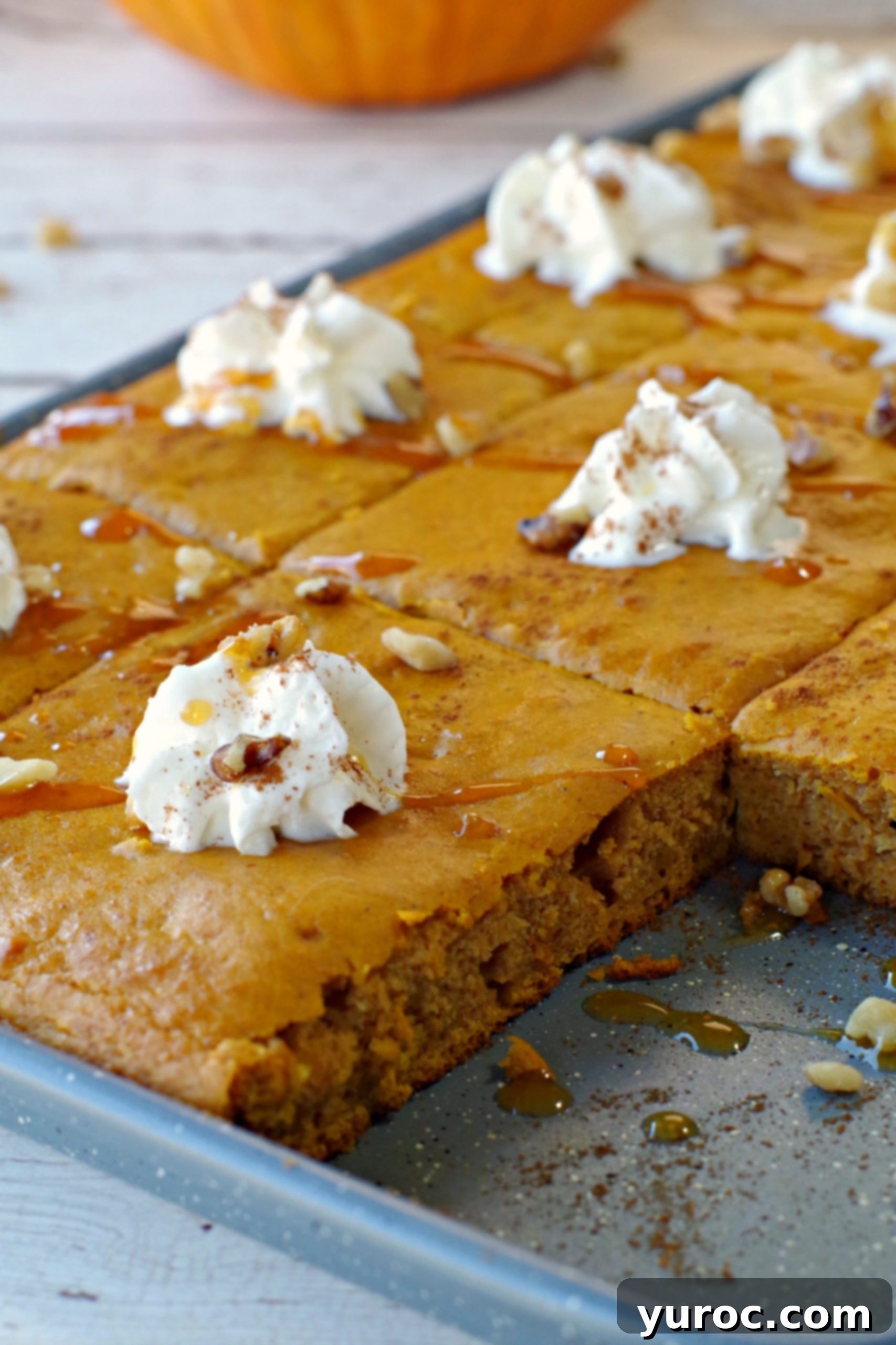 pumpkin spice pancakes on a sheet pan with one pancake missing and pumpkin in background