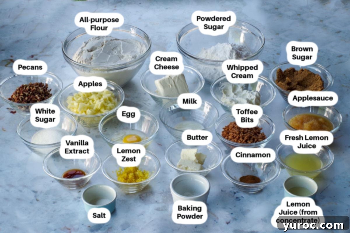 Efsane Karamelli Elmalı Kurabiyeler 3 Ingredients in Toffee Apple Pie Cookies in glass bowls, labelled.