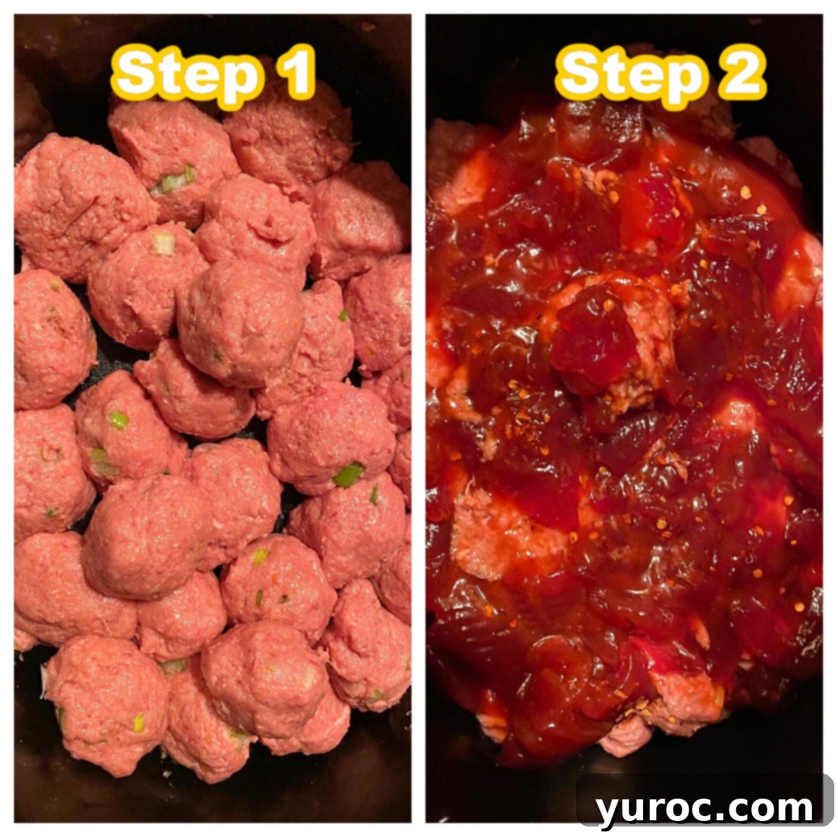 collage of 2 photos showing how to make slow cooker cranberry turkey meatballs