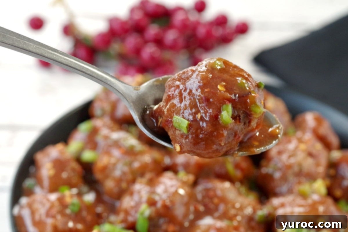 slow turkey turkey meatballs in a black bowl with a meatball being held up on a spoon