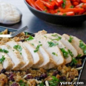 Sliced slow cooker turkey breast on a bed of cranberry quinoa dressing on a black platter, with a black bowl of roasted carrots and festive oven mitts in the background.