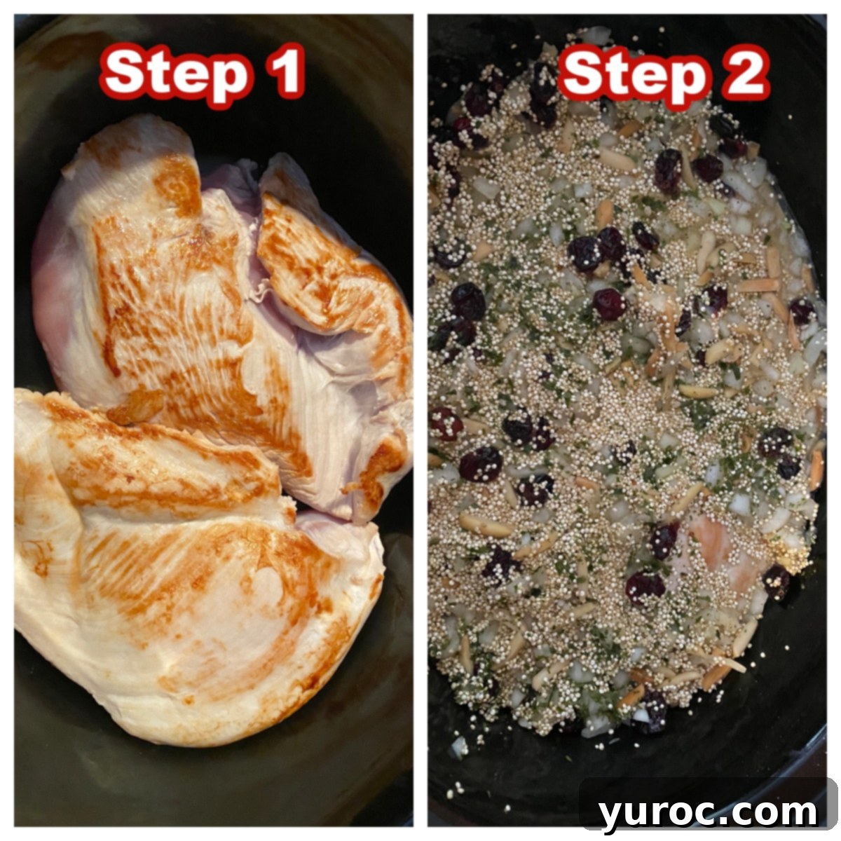 Collage of 2 photos showing steps for how to make slow cooker turkey breast with quinoa dressing.