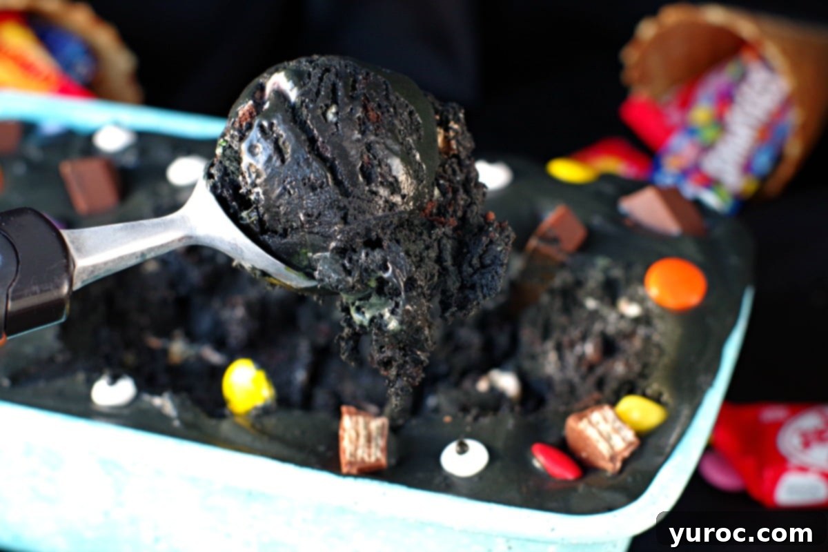 Boo Batter Ice Cream being scooped out of blue speckled loaf container