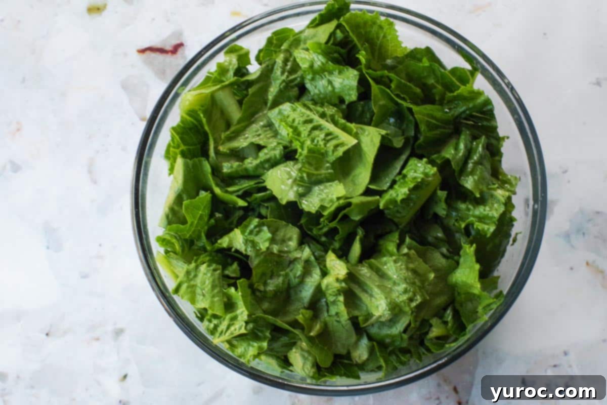 Lettuce cut into bite-sized pieces in glass bowl.