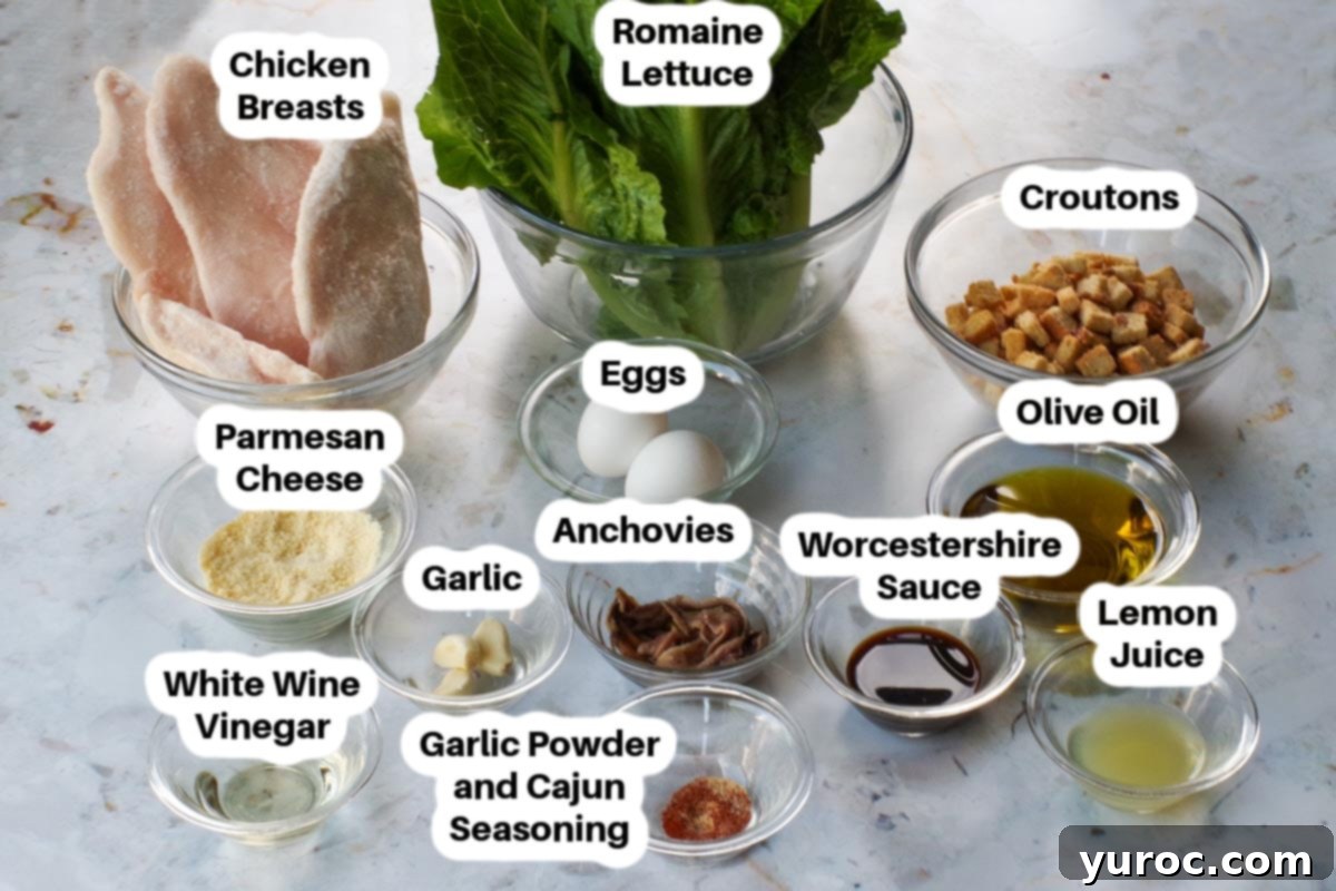 Ingredients in Chicken Caesar Salad in glass bowls, labelled.