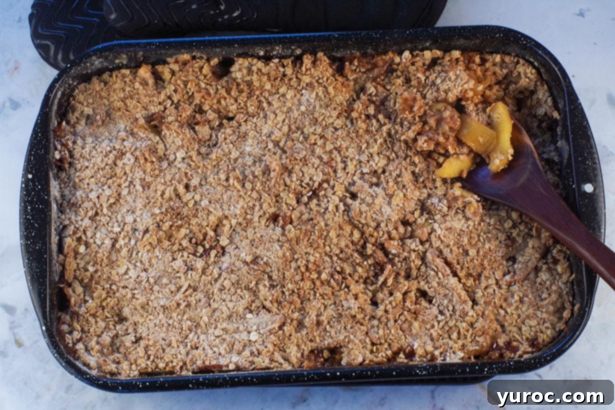 Baked apple crisp being spooned out with a dark wooden spoon.