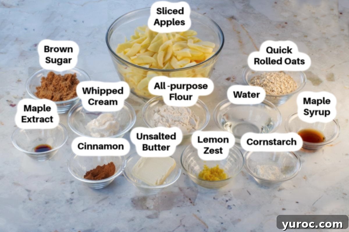Ingredients needed for Weight Watchers Apple Crisp in glass bowls, labelled.