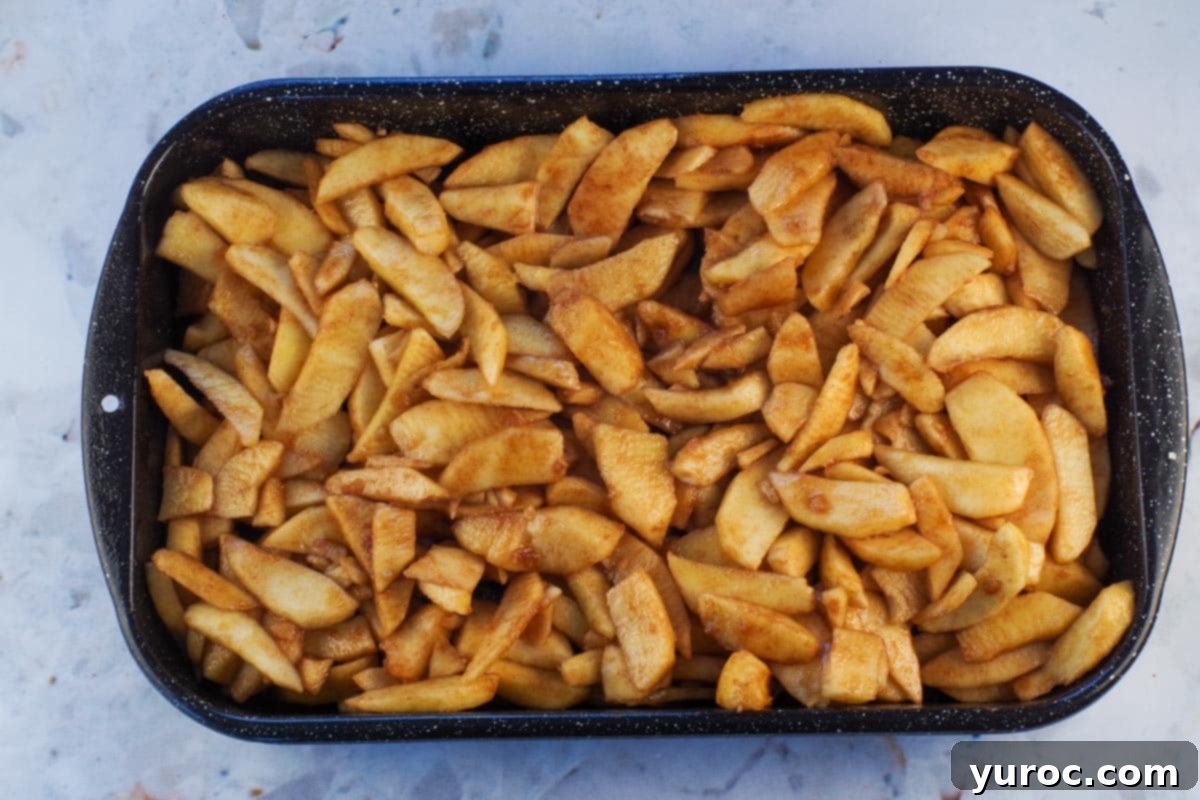 Apple mixture poured into prepared baking dish.