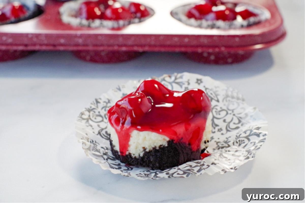 a mini cherry cheesecake on a damask print muffin wrapper, with a red speckled muffin tin ofmini cherry cheesecakes in the background