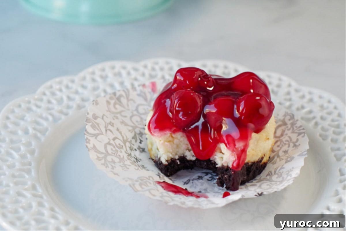 A mini cherry cheesecake with a bit taken out of it, on an open black and white damask muffin liner, sitting on a white (lattice edged) plate.