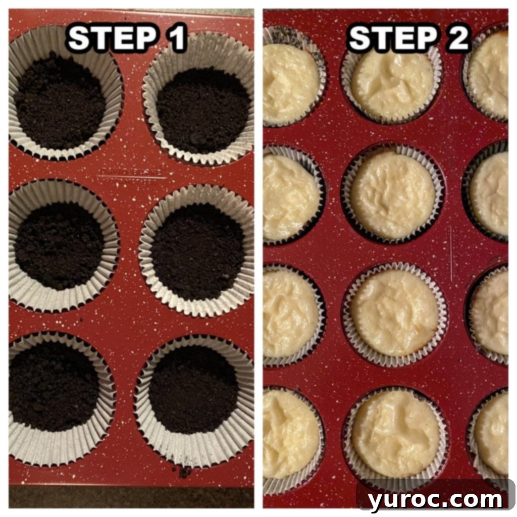 collage of 2 photos showing how to make mini cherry cheesecakes