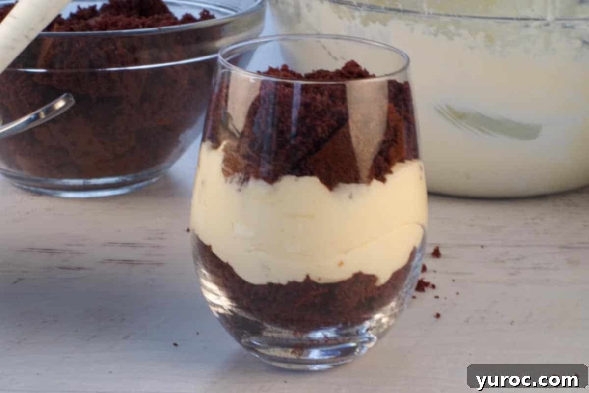 A second layer of chocolate cake cubes placed over the eggnog pudding in a glass, leaving ample space at the top for the final whipped cream topping, demonstrating the layering process.