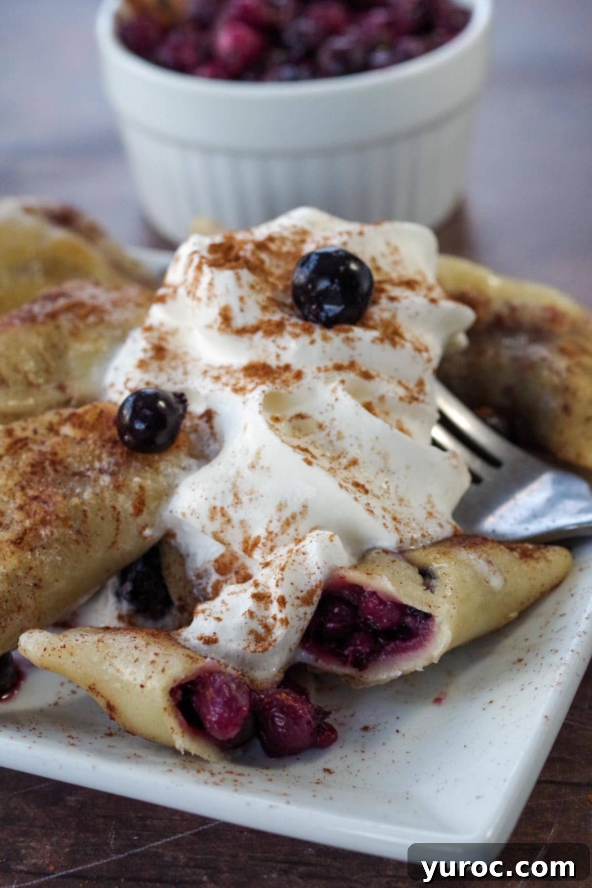 Close-up of Saskatoon berry perogies topped with cinnamon and whipped cream, on a white plate with a dish of Saskatoon berry filling in the background