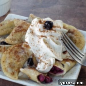 Saskatoon berry dessert pierogies on a white plate with a fork