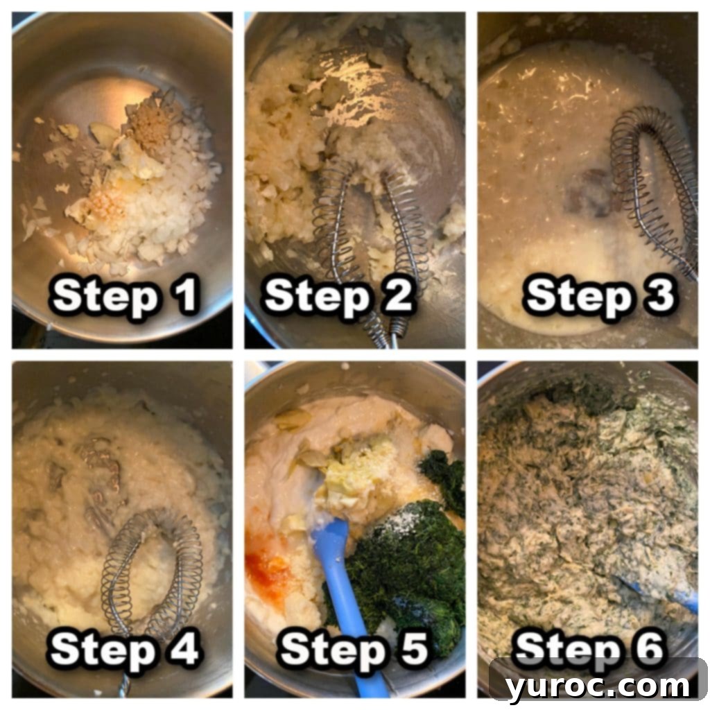 Guilt Free Greek Yogurt Spinach Artichoke Dip 2 6 photo collage of steps for making spinach artichoke dip