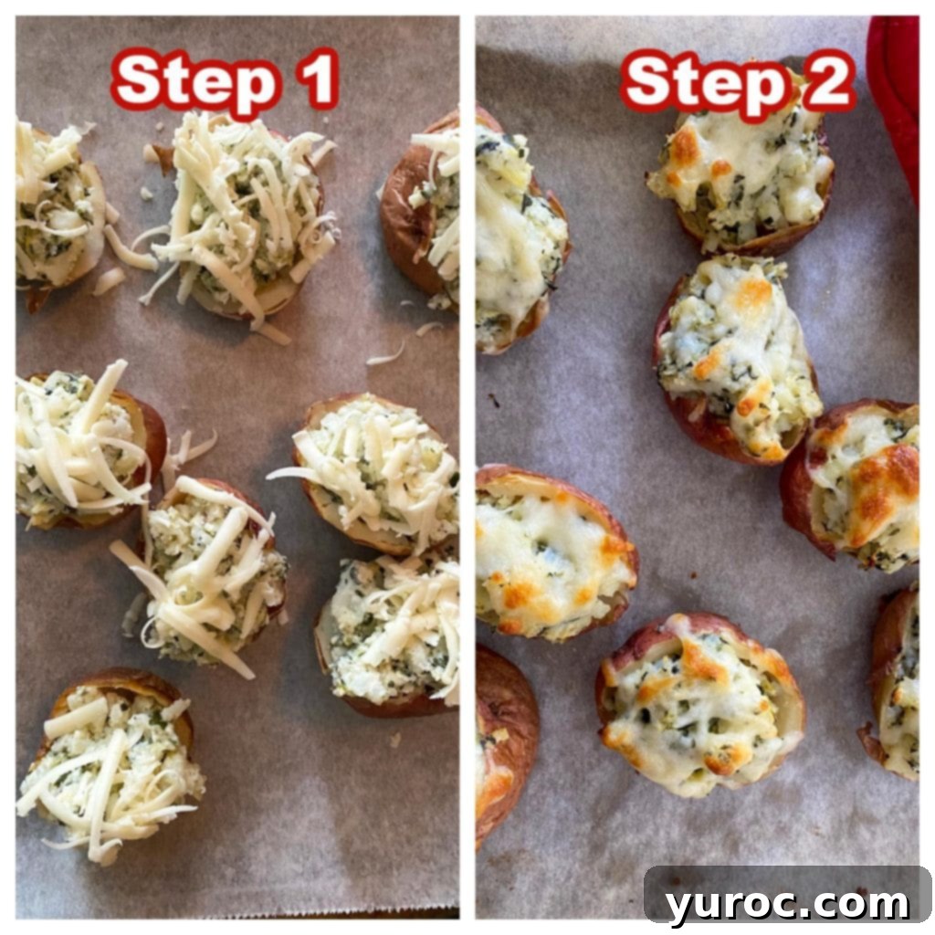 Guilt Free Greek Yogurt Spinach Artichoke Dip 5 collage of 2 photos of how to make stuffed potatoes with leftover spinach artichoke dip